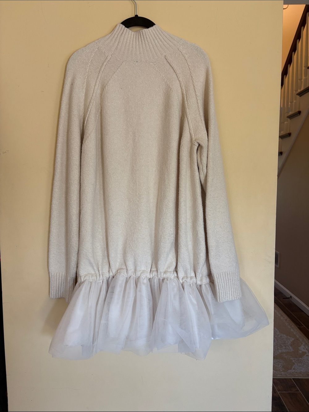 Anthropologie Cream Knit Sweater Dress with Sheer Ruffle Hem - Picture 4 of 4